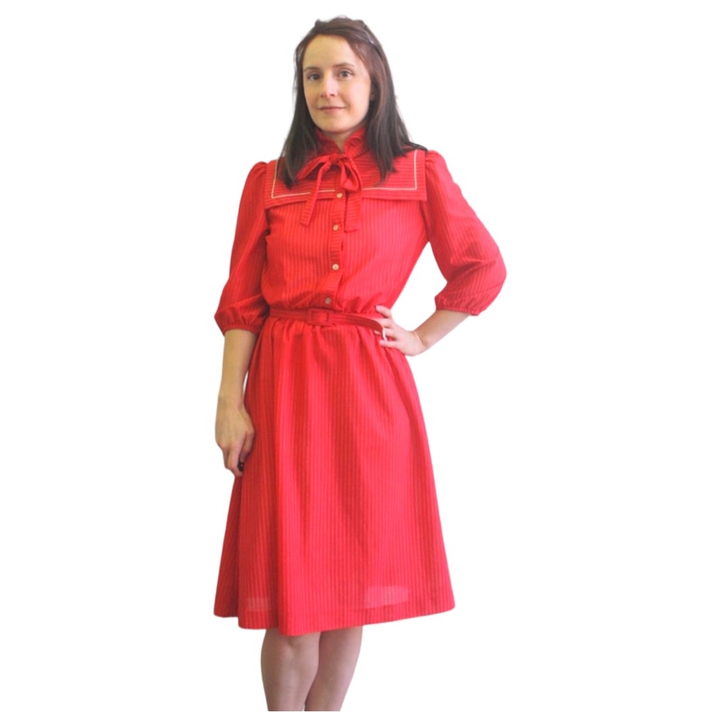 Red Dress Striped Sailor Collar Sheer 70s Vintage S 8P